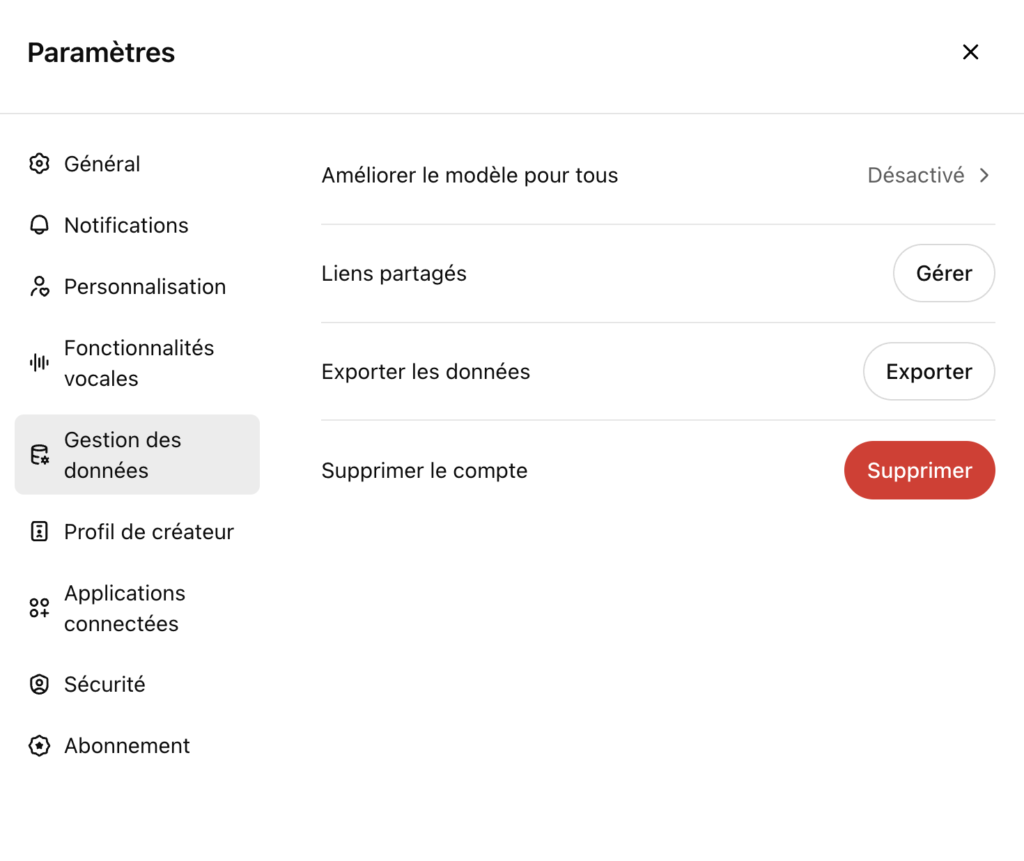 
Paramètres de gestion des données dans ChatGPT permettant de contrôler l’utilisation, l’export et la suppression des données
