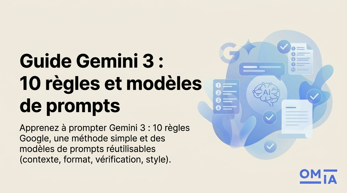 Bannière d'article sur le Guide Gemini 3 présentant 10 règles et modèles de prompts pour l'IA de Google.