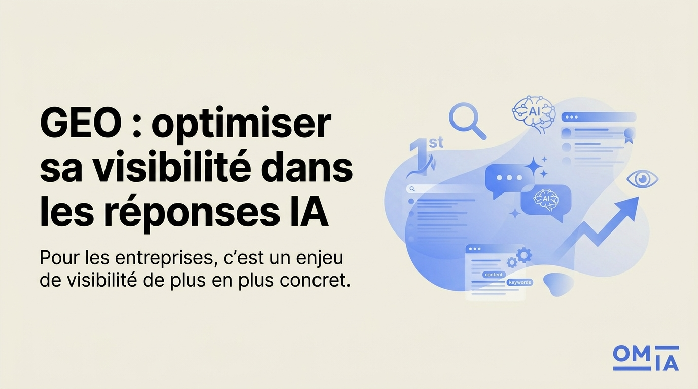 Image de bannière sur le GEO (Generative Engine Optimization) expliquant comment optimiser sa visibilité dans les réponses de l'IA, avec des illustrations de recherche web et le logo OMIA.