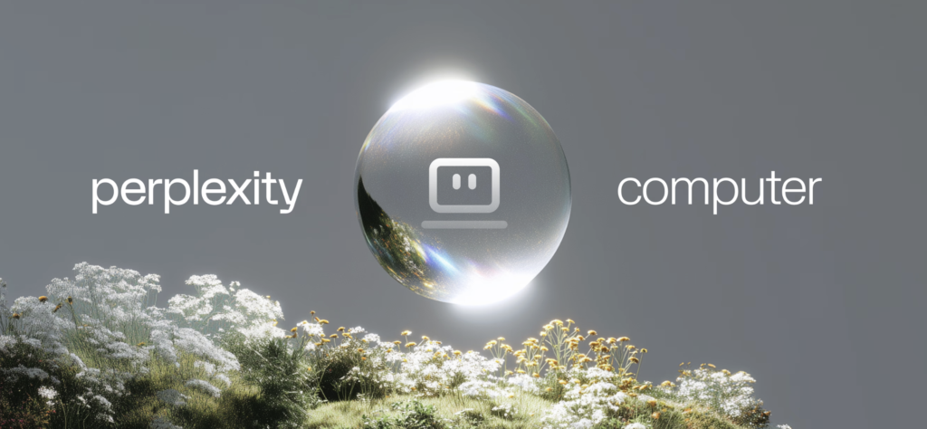 Logo Perplexity Computer avec une bulle de verre flottante au-dessus d'un champ de fleurs blanches.
