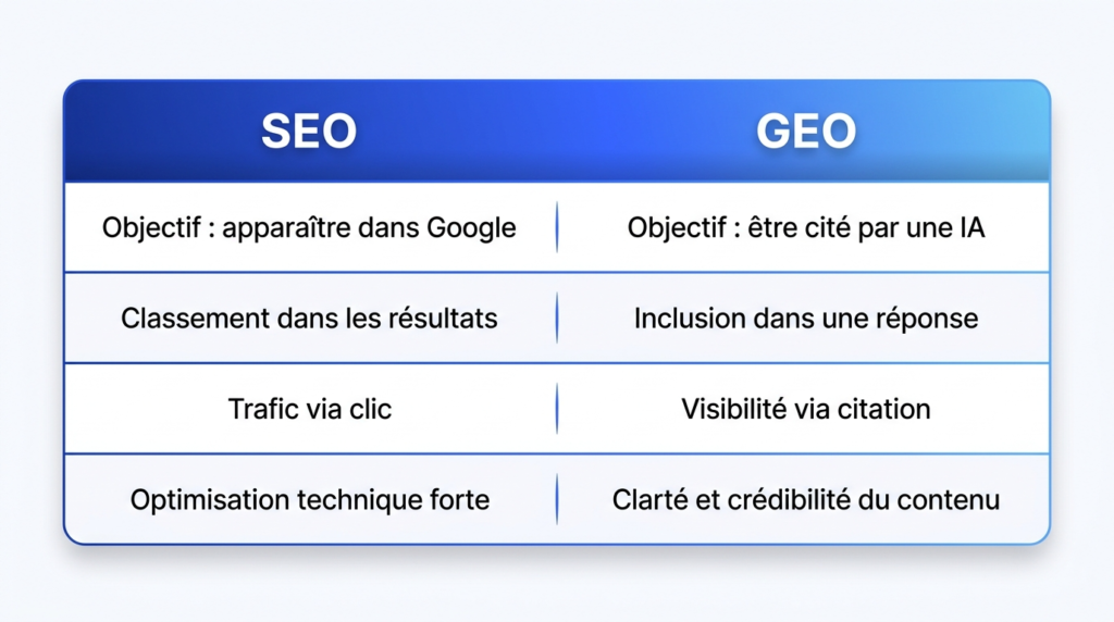 Tableau comparatif entre SEO et GEO (Generative Engine Optimization) détaillant les différences d'objectifs (Google vs IA), de méthodes (classement vs inclusion) et de résultats (clic vs citation).