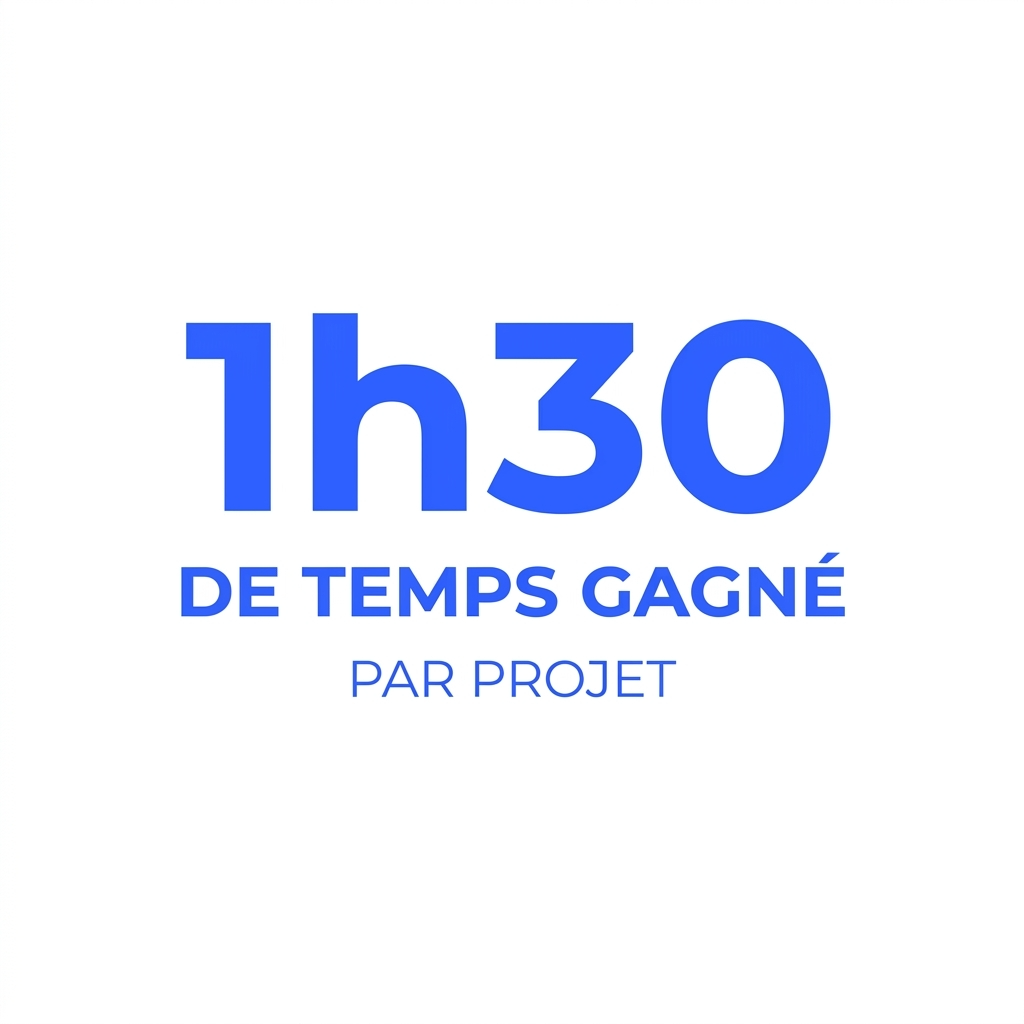 Texte '1h30 de temps gagné par projet IA' écrit en bleu sur fond blanc.
