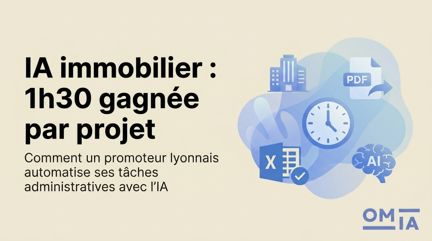 Illustration OMIA sur l'automatisation IA dans l'immobilier – icônes PDF, Excel, horloge et cerveau IA autour d'un immeuble de bureaux
