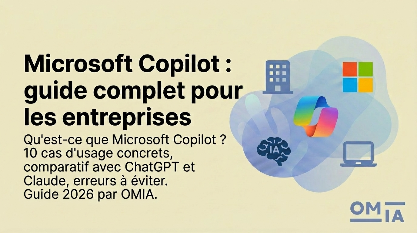 Bannière de blog OMIA : « Microsoft Copilot : guide complet pour les entreprises ». Texte présentant 10 cas d'usage, comparatif avec ChatGPT et Claude, et erreurs à éviter. Guide IA 2026 avec logos Microsoft et Copilot.