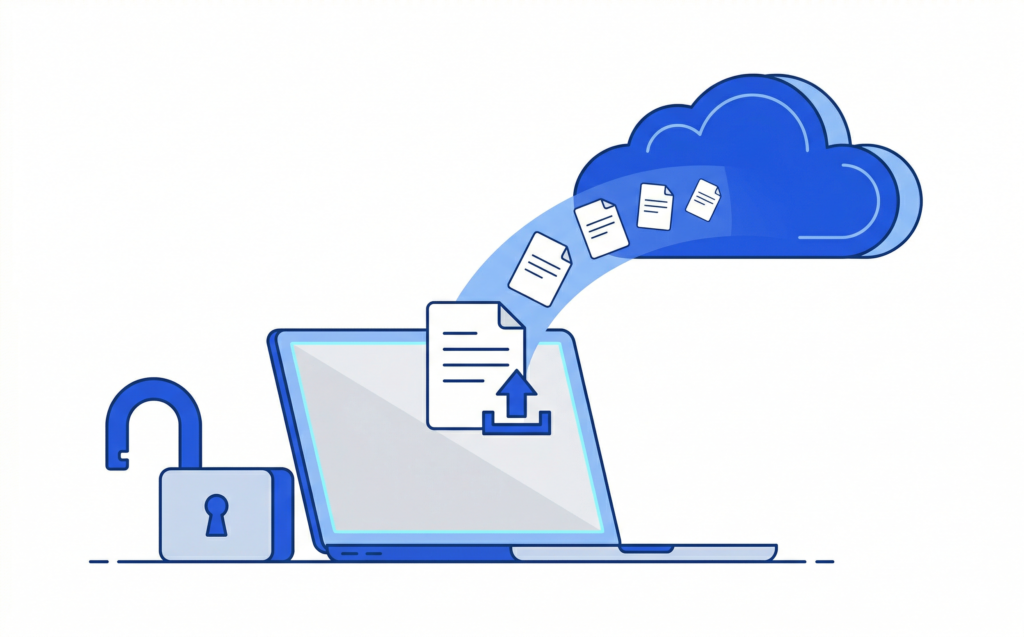 Illustration fuite de données entreprise : document confidentiel transmis vers un serveur cloud via ChatGPT sans contrôle RGPD