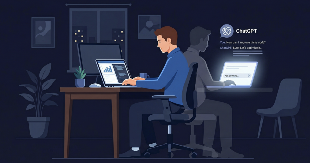 Illustration Shadow AI : employé utilisant ChatGPT en secret au bureau sans autorisation de sa direction
