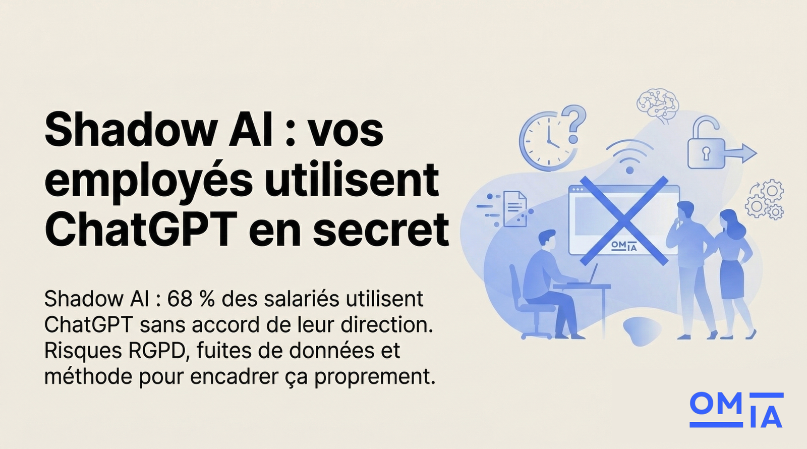 Bannière Shadow AI : employés utilisant ChatGPT sans autorisation en entreprise, risques RGPD et fuites de données en PME
