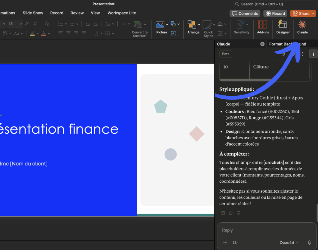 Capture d'écran de l'add-in Claude for PowerPoint – barre latérale Claude intégrée dans l'interface PowerPoint sur Mac.