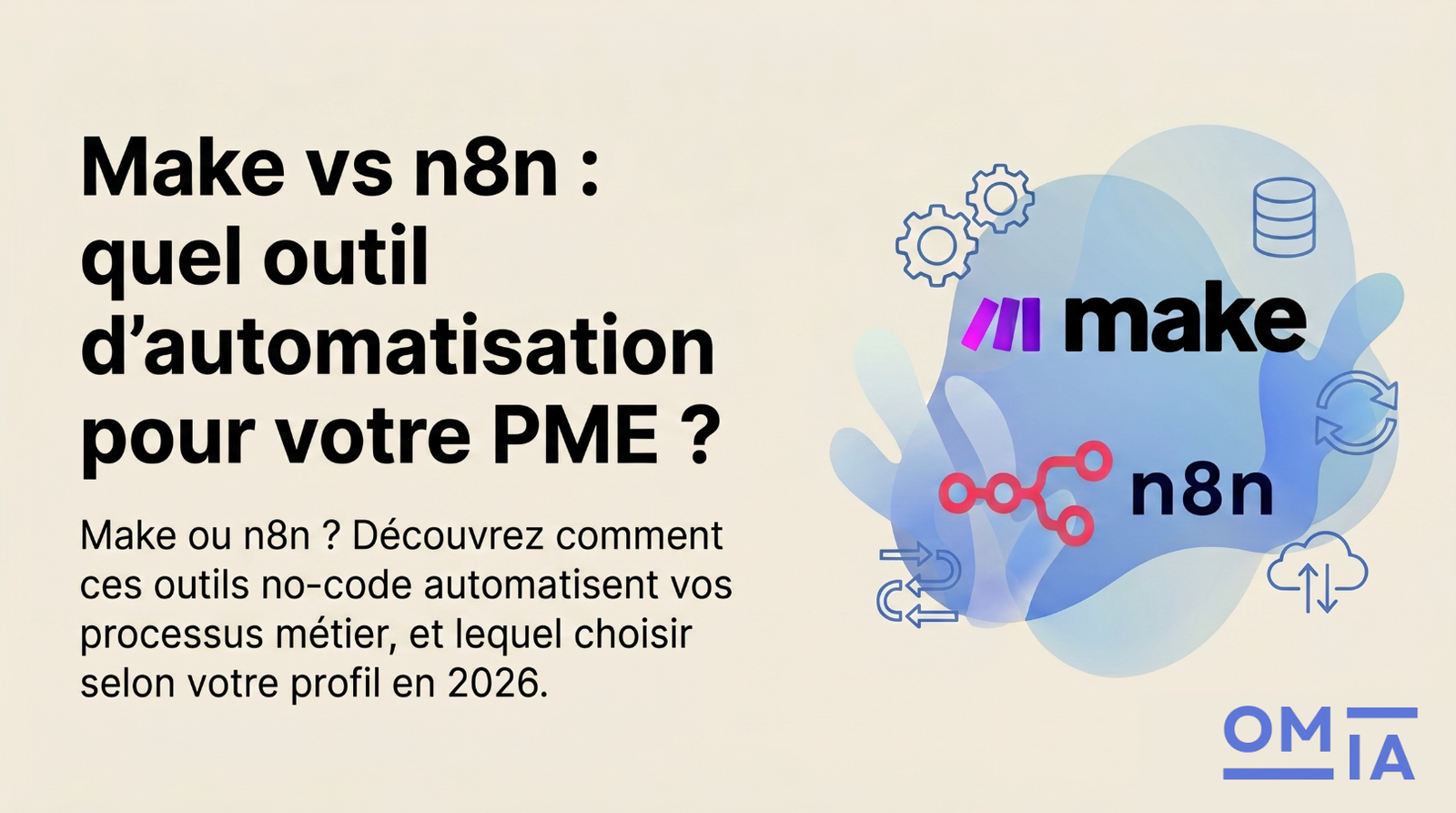 Illustration de couverture de l'article OMIA – Make vs n8n : quel outil d'automatisation no-code choisir pour votre PME en 2026