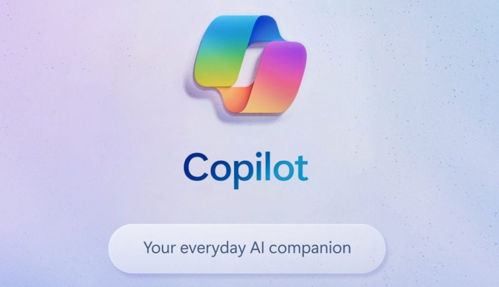Logo Microsoft Copilot multicolore en forme de ruban stylisé au-dessus du texte « Copilot » et du slogan « Your everyday AI companion » sur un fond dégradé pastel.
