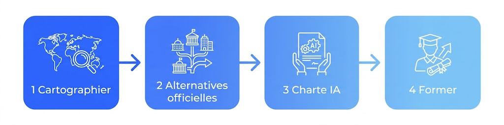 Schéma en 4 étapes pour encadrer le Shadow AI en PME : cartographier, alternatives officielles, charte IA, formation équipes